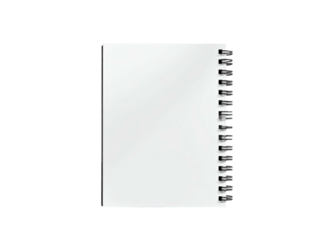 A rectangular notepad with blank white pages and a black spiral binding against black