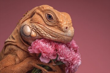 An orange iguana holds pink flowers, looking serene against a pink backdrop