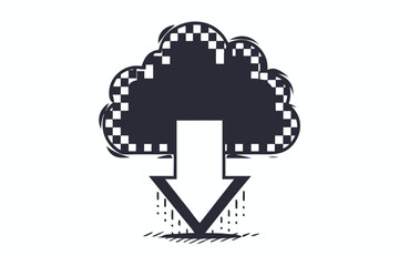 Monochrome checkered cloud with bold downward arrow indicating a download is in progress