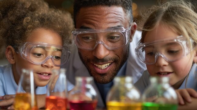science teacher conducting experiment with students, colorful liquids and safety goggles, fun and educational