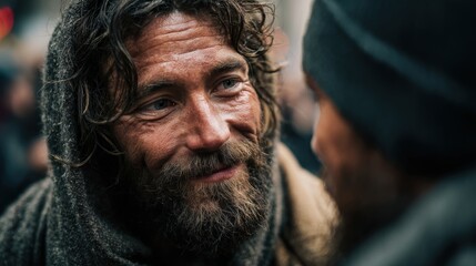 Fototapeta premium Jesus helping homeless people in city streets, empathy in action, realistic tone, copyspace