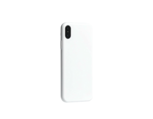 Isolated white phone case with camera, buttons and slim form on black background