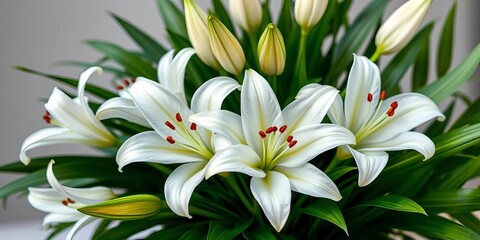 Obraz premium Elegant bouquet of pristine white lilies, lush green foliage, blossom, plant