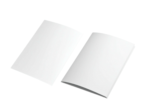 Two open white paper documents, one flat and the other curved, against black