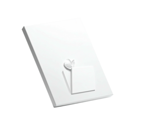 White, tilted, rectangular object with heart embellishment and attached square