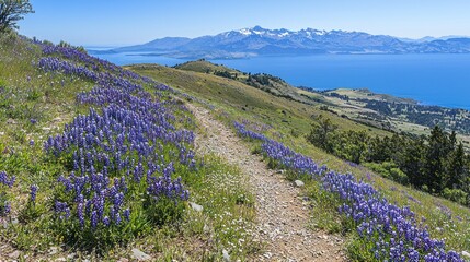 Dirt path through purple lupine fields, leading towards a vast lake and snowy mountains