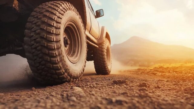 Off-Road Vehicle Driving Through Dusty Terrain Against Scenic Mountain Landscape at Sunset 4k video footage