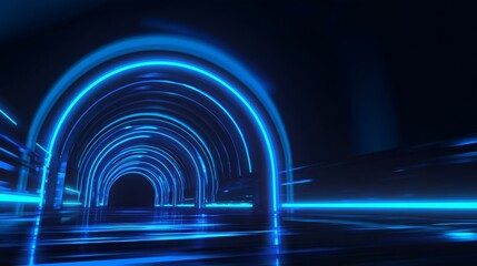 Futuristic tunnel corridor with glowing neon lines and dynamic light rays in sci fi inspired design