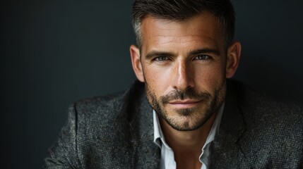 Obraz premium fashion-forward business portrait of male executive with modern blazer and minimal background, bold lighting, copyspace on side