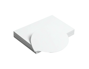 Stack of crisp white paper with a single, rounded speech bubble element