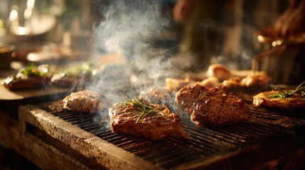 rustic scene of food being grilled over open flame, close-up sizzling details with char marks, smoke rising, copyspace lower right