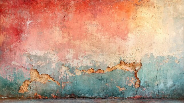 Distressed wall with peeling paint in shades of red, orange, and teal, revealing rough texture - Powered by Adobe