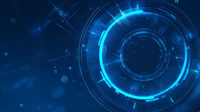 Futuristic circular hud interface with neon elements and dynamic data lines on tech background