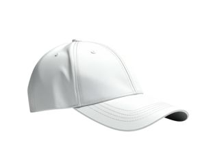 Isolated white baseball cap, detailed stitching, curved brim, on a black background