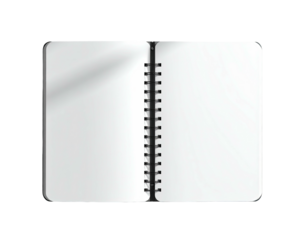 Open spiral notebook with white blank pages, shadow and dark background