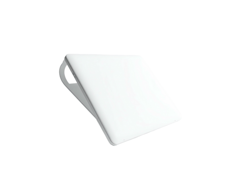 White, curved rectangle device, open, slightly tilted, isolated on black background