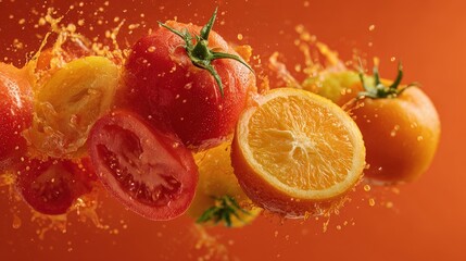 colorful background with food elements splashing in motion, high speed tomato burst or orange slice in air, copyspace on side