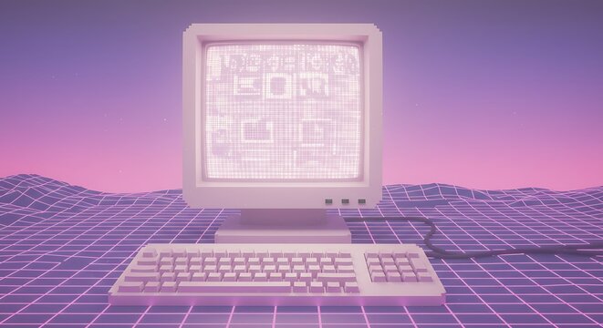 Retro computer vibes with a dreamy vaporwave sunset