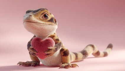 An adorable reptile with speckled pattern, holding a pink heart against a light pink background