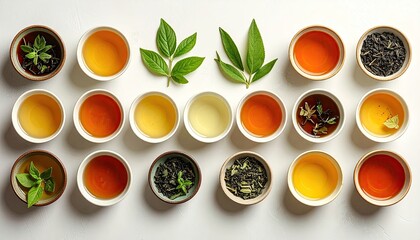 Variety of Colorful Liquids in White Ceramic Bowls with Green Leaves on Textured White Surface