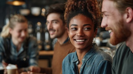 coffee break in office with coworkers gathered around barista-style counter, smiling and chatting casually, copyspace upper left