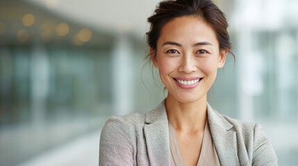 Asian business woman smiling confidently in glass office space, clean and professional styling, copyspace right