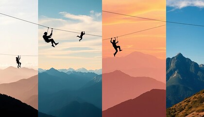 Set of diverse zipline silhouettes against various scenic backgrounds, extreme sport, nature