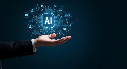 Conceptual image of a businessman's hand holding a bright blue artificial intelligence processor chip against a dark background