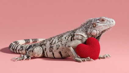A textured iguana rests beside a plush red heart, both on a pink, seamless backdrop