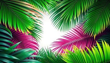 Tropical palm leaves form a lush, vibrant frame,   vignette,   ocean