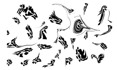 Set of 25 Abstract Fluid Black Shapes, Organic Brush Strokes, and Marble Ink Blots