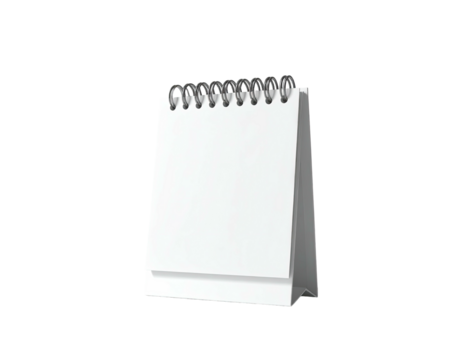 A blank white desktop calendar, with metal spiral and shadow, isolated on black