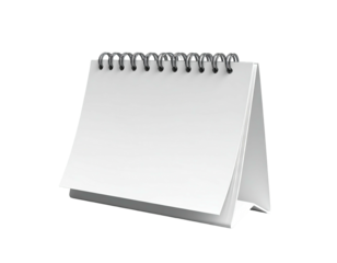 Blank white desktop calendar, open to face with spiral binding, isolated on black