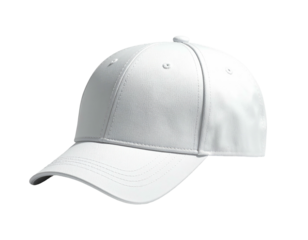 A pristine white baseball cap, angled, isolated against a stark black background