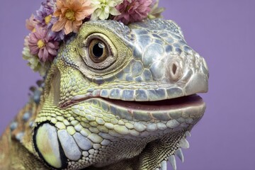 Obraz premium Close-up of iguana adorned with floral crown, set against a soft purple backdrop