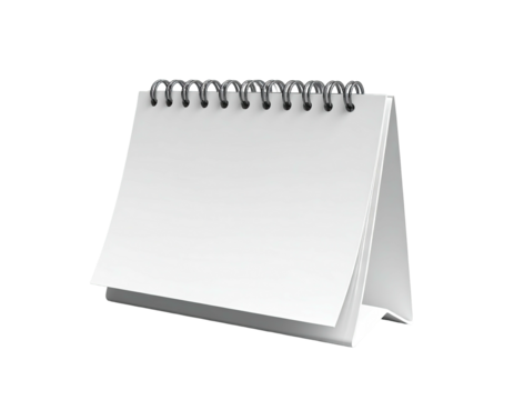 Blank white desktop calendar, open to face with spiral binding, isolated on black