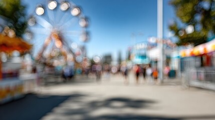 Amusement park bokeh creating an abstract festive atmosphere with blurry ferris wheel, crowds enjoying fairground rides, and carnival stalls under a bright summer sky