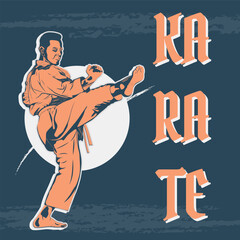 Vintage martial arts poster illustration featuring a karate fighter performing a powerful high kick in dynamic motion, retro style design with bold typography and textured background, perfect for spor