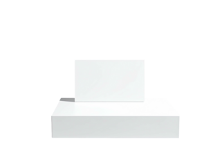 A white, minimalist pedestal arrangement, elevated square on rectangular base, black backdrop