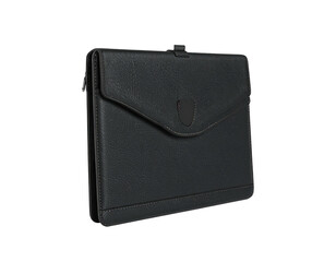 Angled shot of a closed, textured black tablet case with a secure clasp