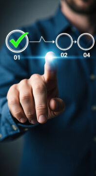 Man s finger touching digital checklist with completed first step