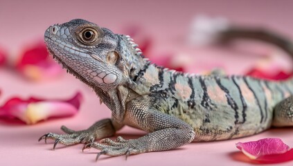 A detailed portrait of a grey iguana on pink petals. Selective focus