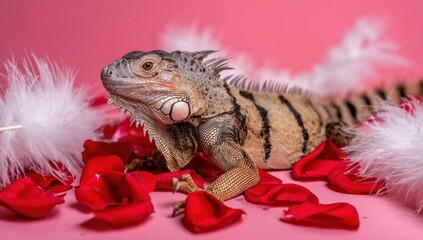 An iguana rests on rose petals and feathers, pink backdrop, posed in a studio setting