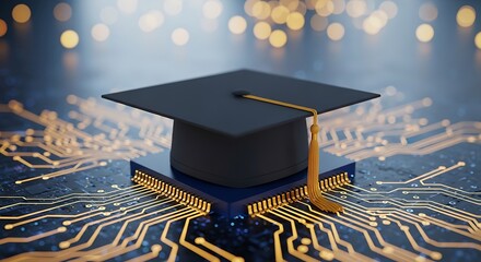 High quality image of a graduation cap placed on a computer processor chip, representing the intersection of education and technology