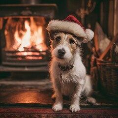A dog wearing a Santa hat sitting by the fireplace