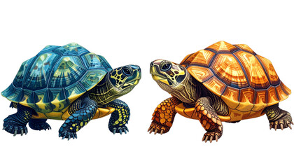Obraz premium Modern turtle collection featuring two distinct poses, isolated on transparent background