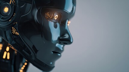 Close up of futuristic humanoid robot face with metallic features and glowing digital eyes