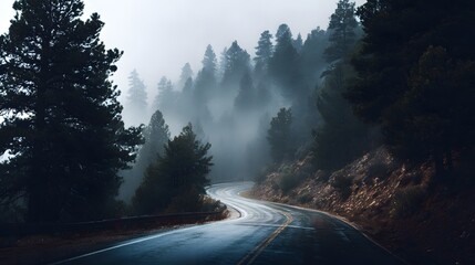 A winding road through thick fog with fir trees