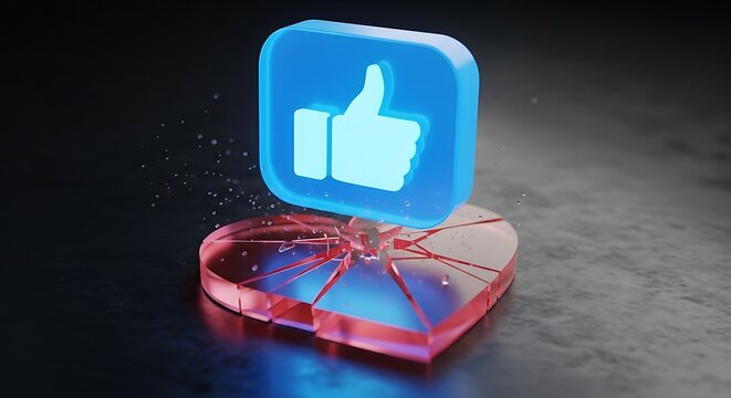 Blue thumbs up icon crushing a broken red glass heart social media like