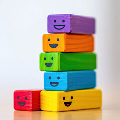 Colorful wooden blocks stacked high with smiling faces in a tower
